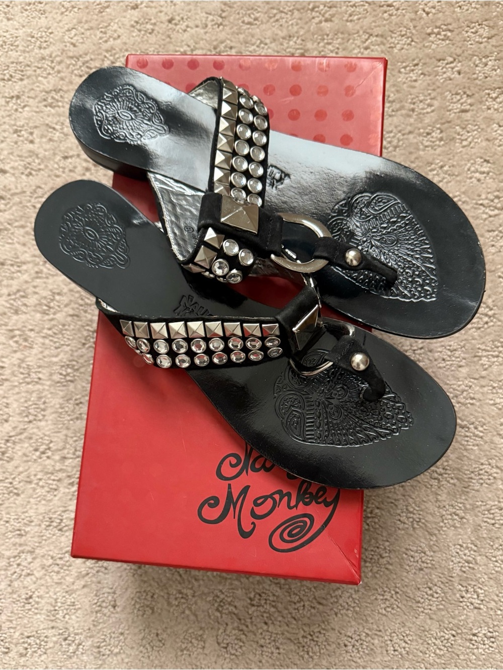 naughty monkey Black Studded Thong Sandals with Silver Accents